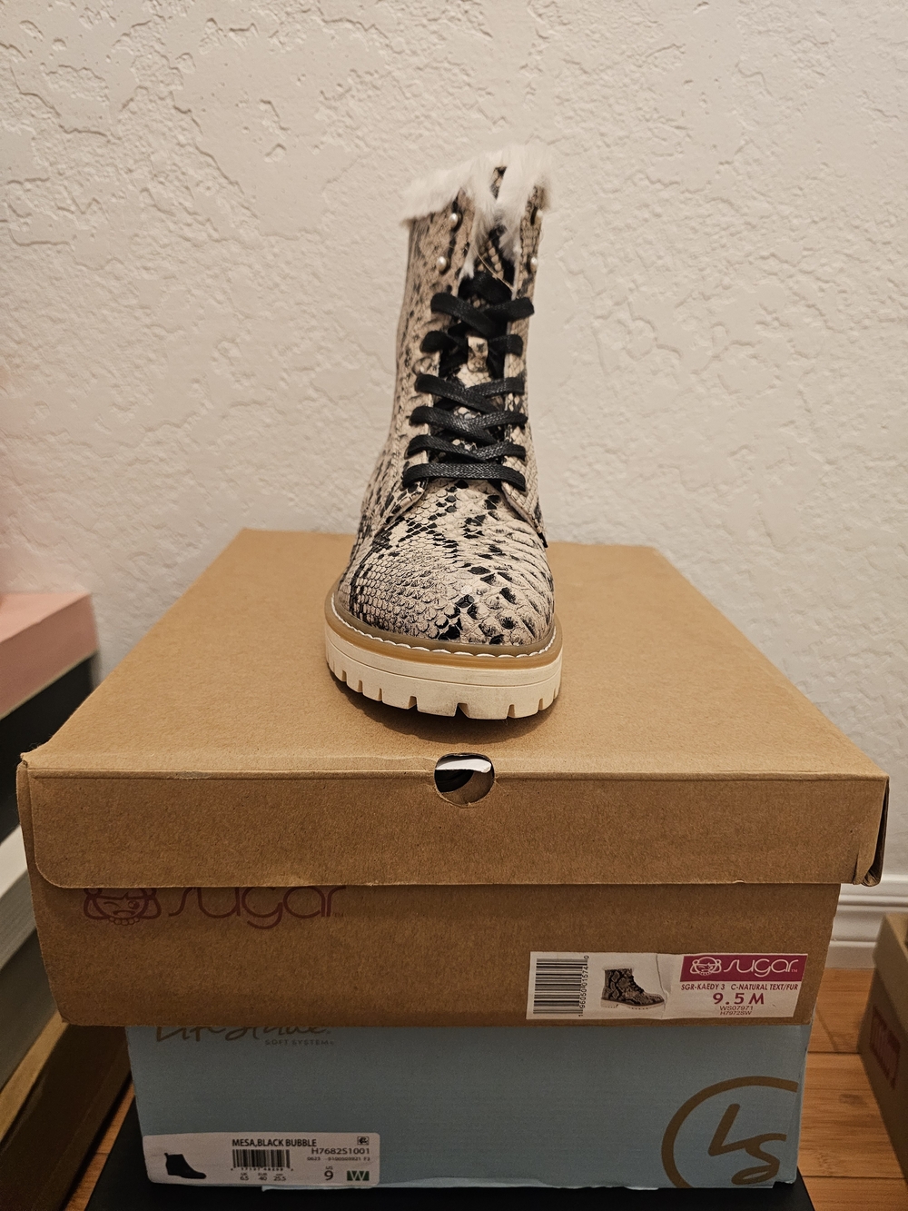 Sugar Beige Snake-Print Lace-Up Boot with Faux Fur Trim